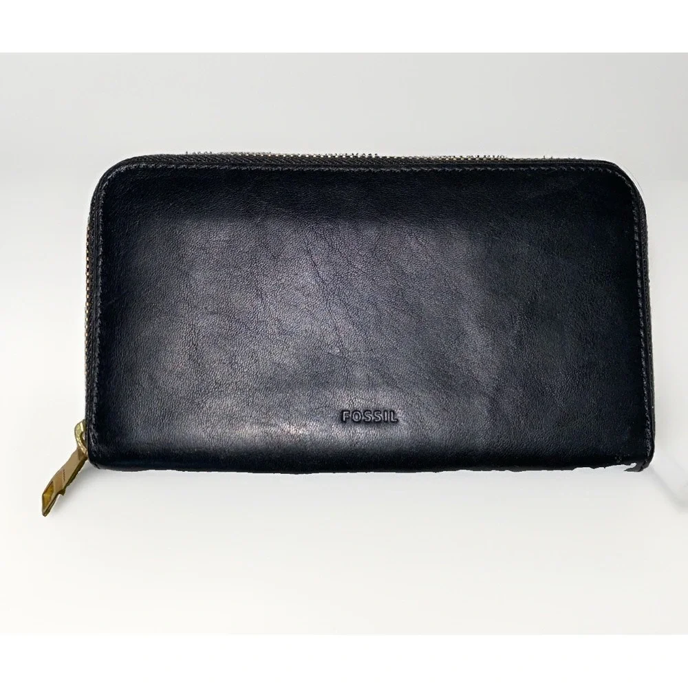 Fossil Black Leather Zip Around Wallet Gold Tone Hardware Continental